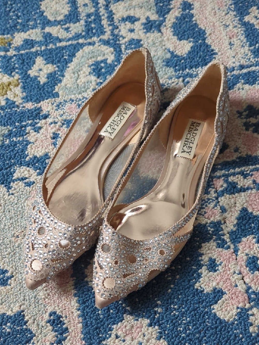Badgley Mischka Blush Crystal-Embellished Pointed Ballerina Flats - Size 6.5
